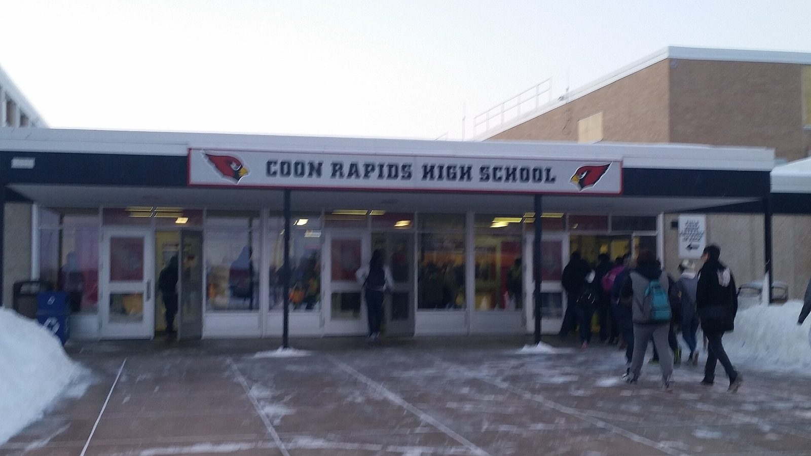Coon Rapids High School front in winter 2014