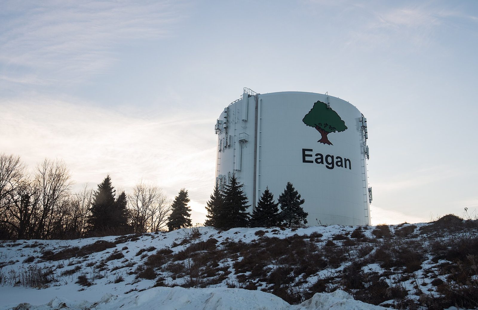 City of Eagan water tower at sunset in winter